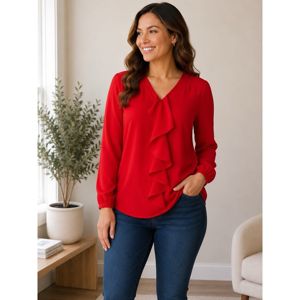 Simply Styled by Sears Women's Red Solid V-Neck Ruffle Chiffon Blouse Size M